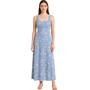 Vtg Y2K Blue Butterfly Maxi Dress Smocked Bodice Candy Rocket Fairycore Sz L USA